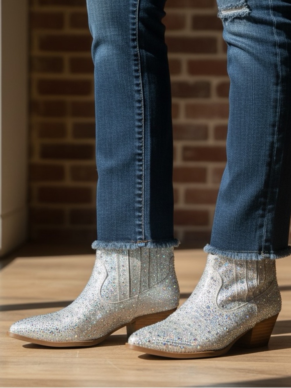 Silver Rhinestone Western Ankle Boots Wood Heel